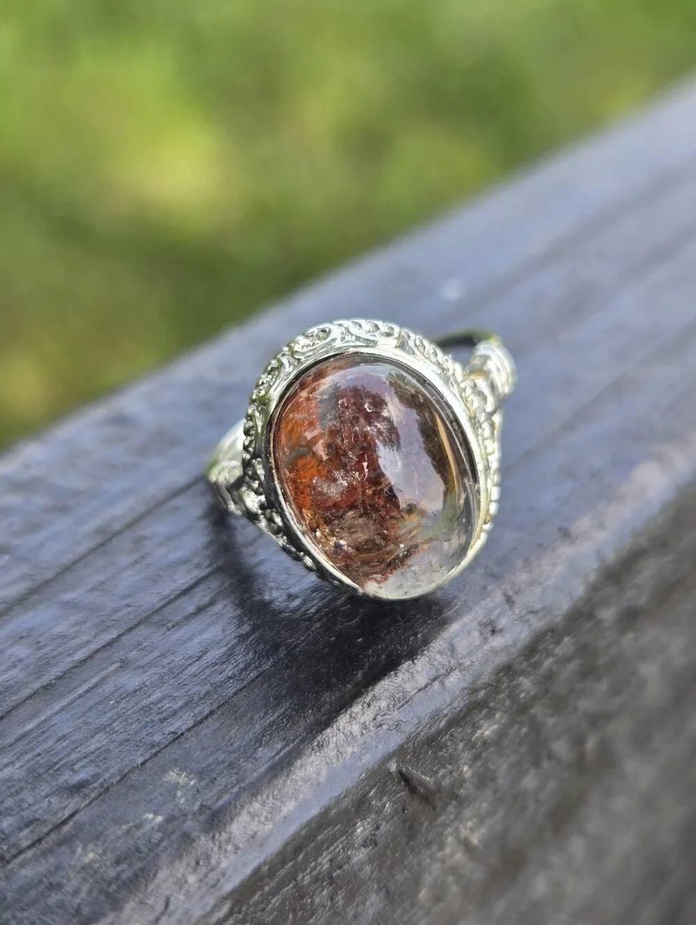 Garden Quartz Lodolite Ring Silver Crown Adjustable